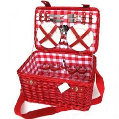 Cesta picnic mimbre roja con platos cerramicos y cuberteria para 4 personas